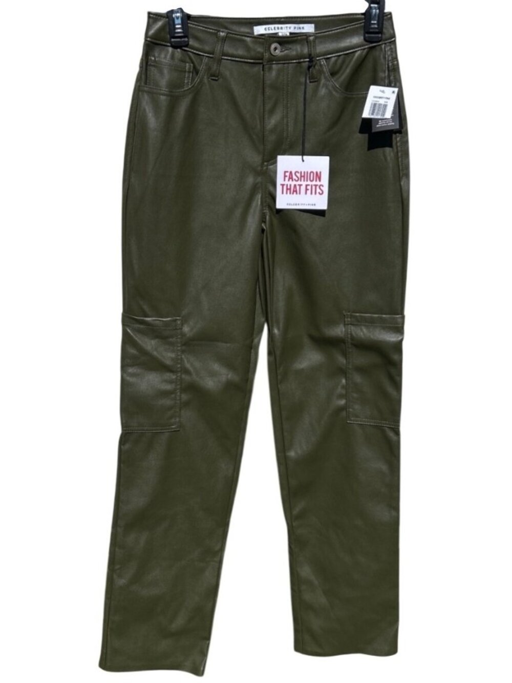 Celebrity Pink Womens Size 3/26 Olive Faux Leather Pants Cargo Pockets